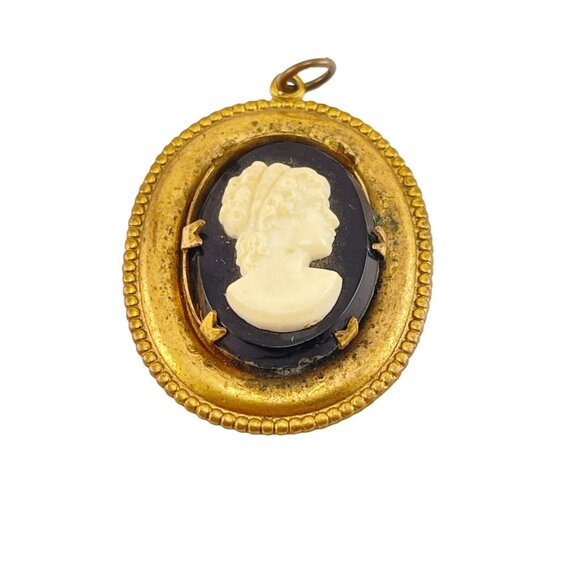 Victorian Revival Cameo Pendant Brooch Brass Oval Black and Cream - Picture 2 of 7